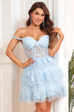 Sparkly Dark Blue Corset Tiered Short Homecoming Dress med blonder