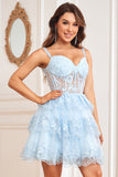 Sparkly Dark Blue Corset Tiered Short Homecoming Dress med blonder