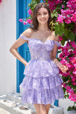 Sparkly Dark Blue Corset Tiered Short Homecoming Dress med blonder