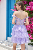 Sparkly Dark Blue Corset Tiered Short Homecoming Dress med blonder