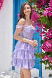 Sparkly Dark Blue Corset Tiered Short Homecoming Dress med blonder