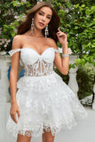 Sparkly Dark Blue Corset Tiered Short Homecoming Dress med blonder