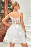 Sparkly Dark Blue Corset Tiered Short Homecoming Dress med blonder