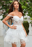 Sparkly Dark Blue Corset Tiered Short Homecoming Dress med blonder