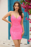 Skjede Spaghetti stropper Fuchsia paljetter Kort Homecoming kjole