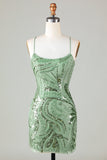 Sparkly Green Sheath Spaghetti Straps Kort Homecoming kjole med Criss Cross Back