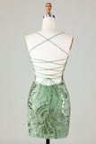 Sparkly Green Sheath Spaghetti Straps Kort Homecoming kjole med Criss Cross Back