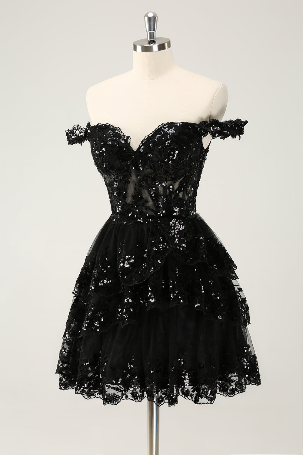 Sparkly Black En linje av skulderen Korsett Tiered Lace Short Homecoming Dress