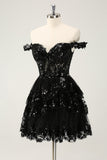 Sparkly Black En linje av skulderen Korsett Tiered Lace Short Homecoming Dress