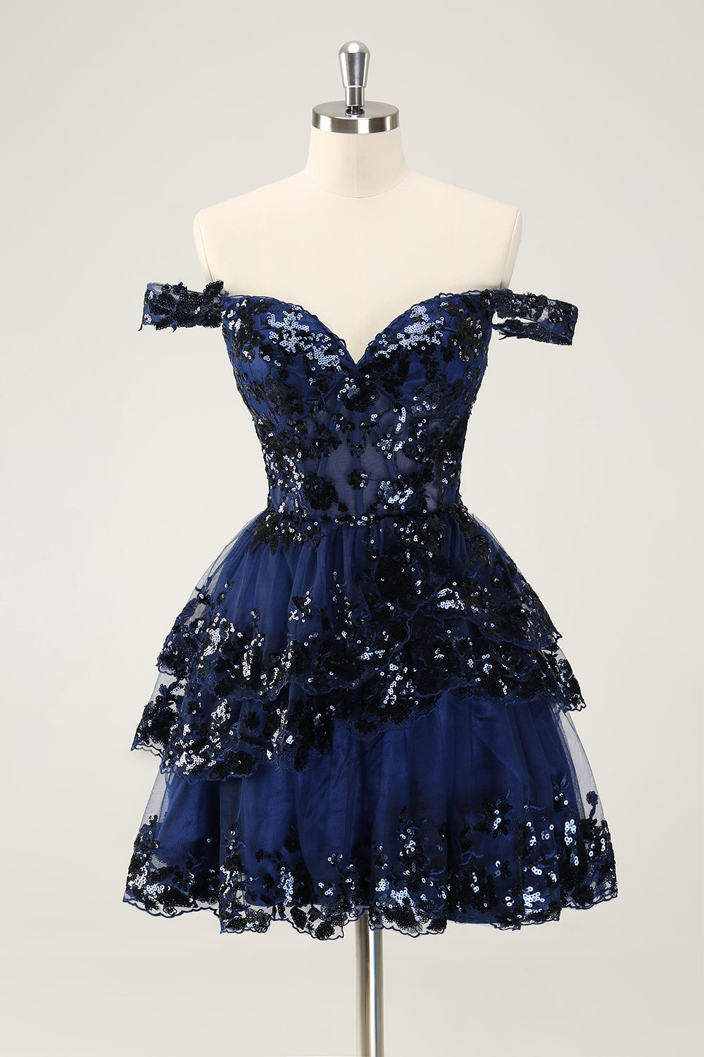 Sparkly Black En linje av skulderen Korsett Tiered Lace Short Homecoming Dress