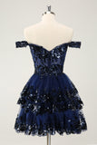 Sparkly Black En linje av skulderen Korsett Tiered Lace Short Homecoming Dress