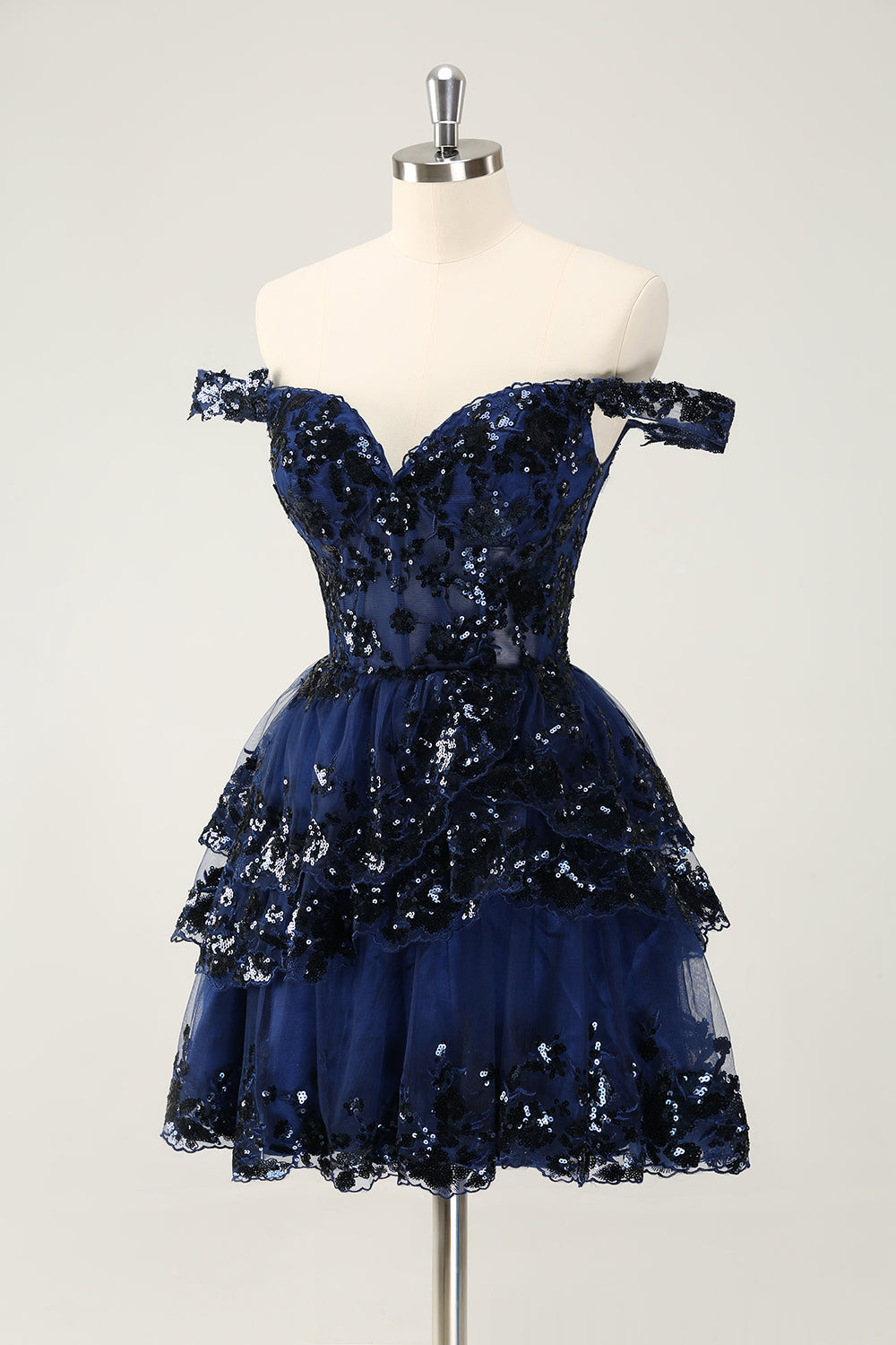 Sparkly Black En linje av skulderen Korsett Tiered Lace Short Homecoming Dress