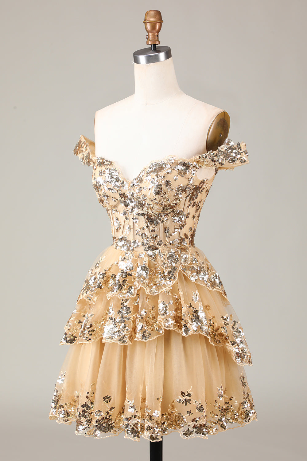 Sparkly Black En linje av skulderen Korsett Tiered Lace Short Homecoming Dress