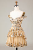 Sparkly Black En linje av skulderen Korsett Tiered Lace Short Homecoming Dress