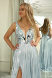 Sparkly A-Line V-Neck Silver Prom Dress med Slit