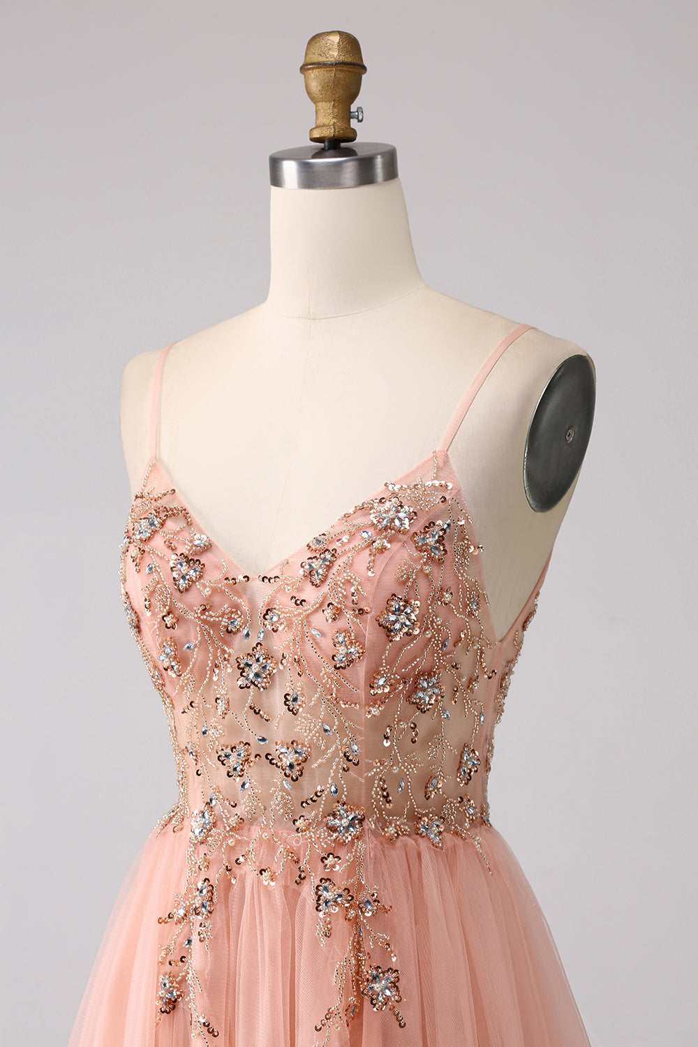 Sparkly Blush A Line paljetter Spaghetti stropper Long Prom Dress With Slit