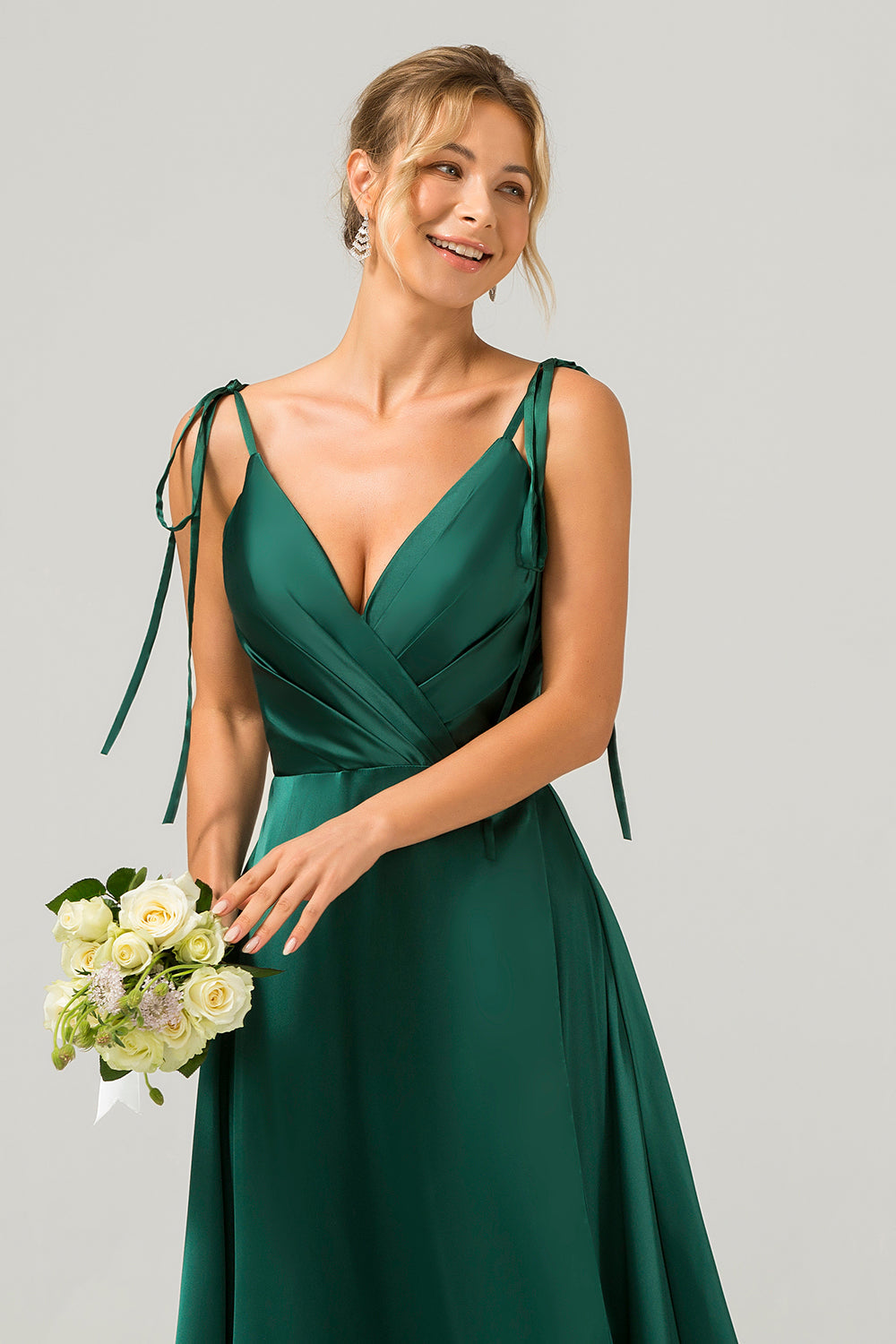 Mørkegrønn A-Line Spaghetti stropper Ruched Long brudepike kjole med Slit