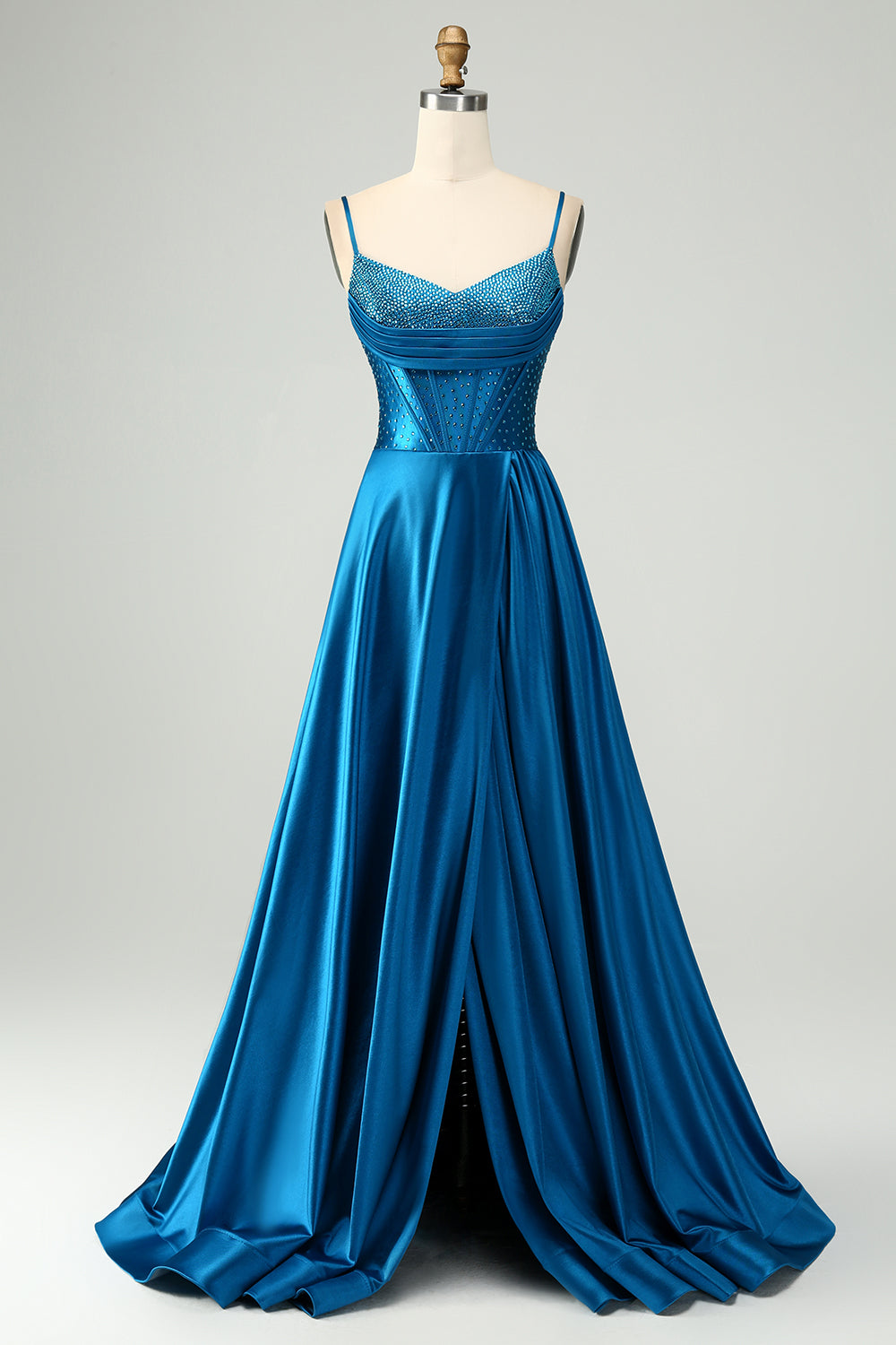Sparkly Dark Blue A Line Plissert korsett Beaded Long Prom Kjole Med Slit