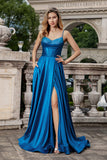 Sparkly Dark Blue A Line Plissert korsett Beaded Long Prom Kjole Med Slit