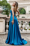 Sparkly Dark Blue A Line Plissert korsett Beaded Long Prom Kjole Med Slit