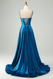 Sparkly Dark Blue A Line Plissert korsett Beaded Long Prom Kjole Med Slit
