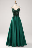 Mørkegrønn A-Line Spaghetti stropper Long Prom Dress