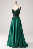 Mørkegrønn A-Line Spaghetti stropper Long Prom Dress