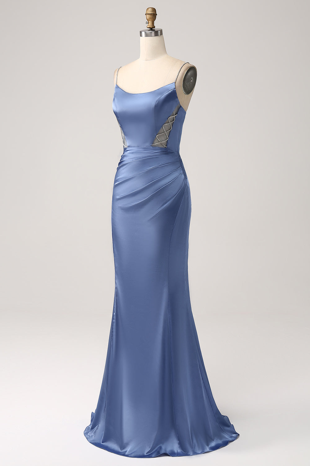 Mermaid Grey Blue Satin Spaghetti stropper Long Prom Dress