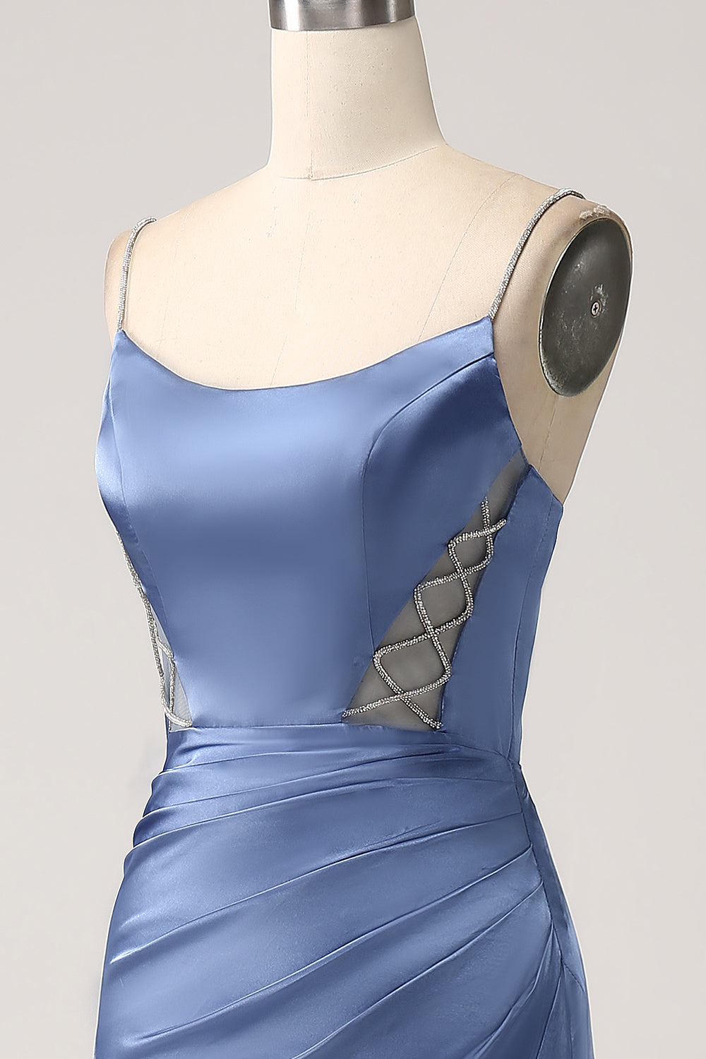 Mermaid Grey Blue Satin Spaghetti stropper Long Prom Dress