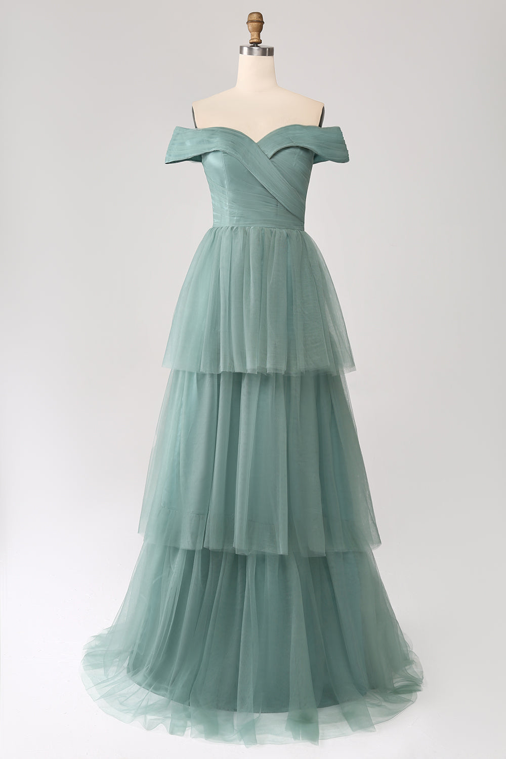 Grå Grønn En linje av skulderen Tiered Tylle A Line Prom Dress