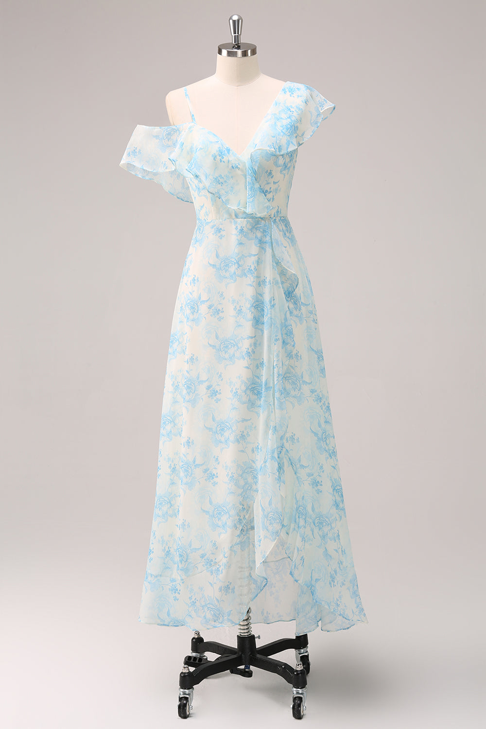 Stilig A-linje hvit blå blomst chiffon brudepike kjole med splitt