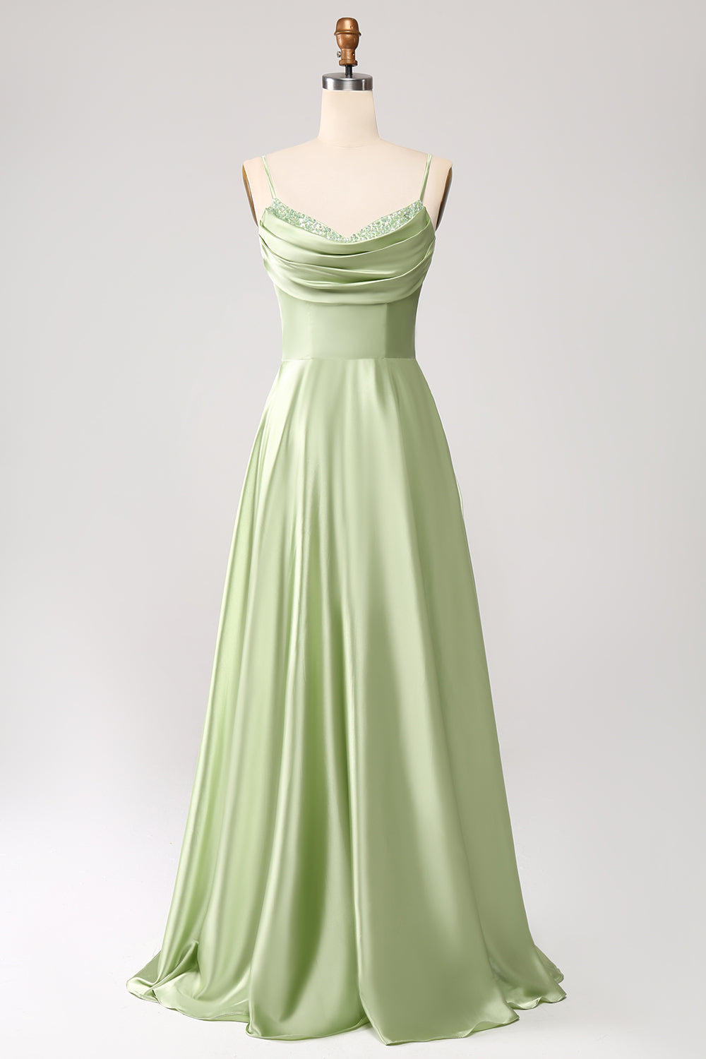 Dusty Sage A Line Cowl Neck Satin Long Prom Kjole med plissert