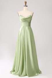 Dusty Sage A Line Cowl Neck Satin Long Prom Kjole med plissert