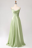 Dusty Sage A Line Cowl Neck Satin Long Prom Kjole med plissert