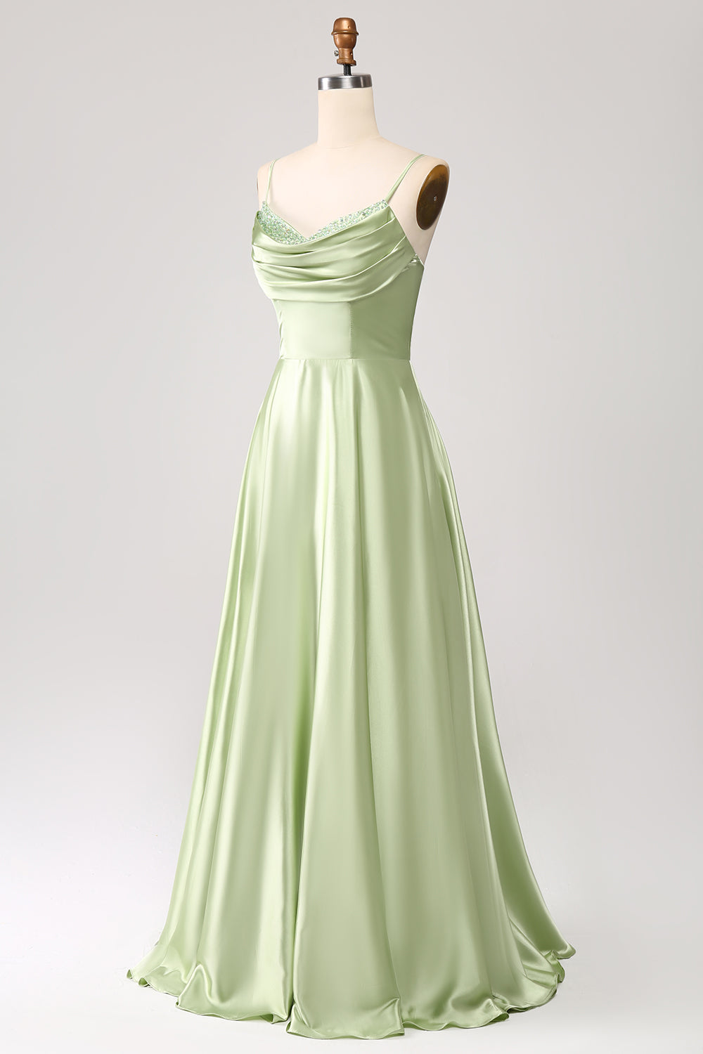Dusty Sage A Line Cowl Neck Satin Long Prom Kjole med plissert