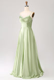 Dusty Sage A Line Cowl Neck Satin Long Prom Kjole med plissert