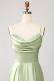 Dusty Sage A Line Cowl Neck Satin Long Prom Kjole med plissert