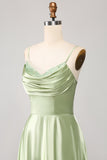 Dusty Sage A Line Cowl Neck Satin Long Prom Kjole med plissert