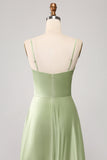 Dusty Sage A Line Cowl Neck Satin Long Prom Kjole med plissert