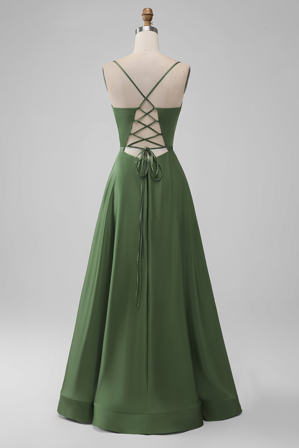 Grønn A Line Spaghetti stropper Satin Long brudepike kjole