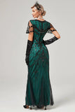 Green Beaded Long Flapper Dress med 1920-tallet tilbehør sett