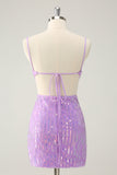 Glitter Purple Tight Sequined V Neck Kort Homecoming Dress