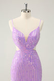Glitter Purple Tight Sequined V Neck Kort Homecoming Dress