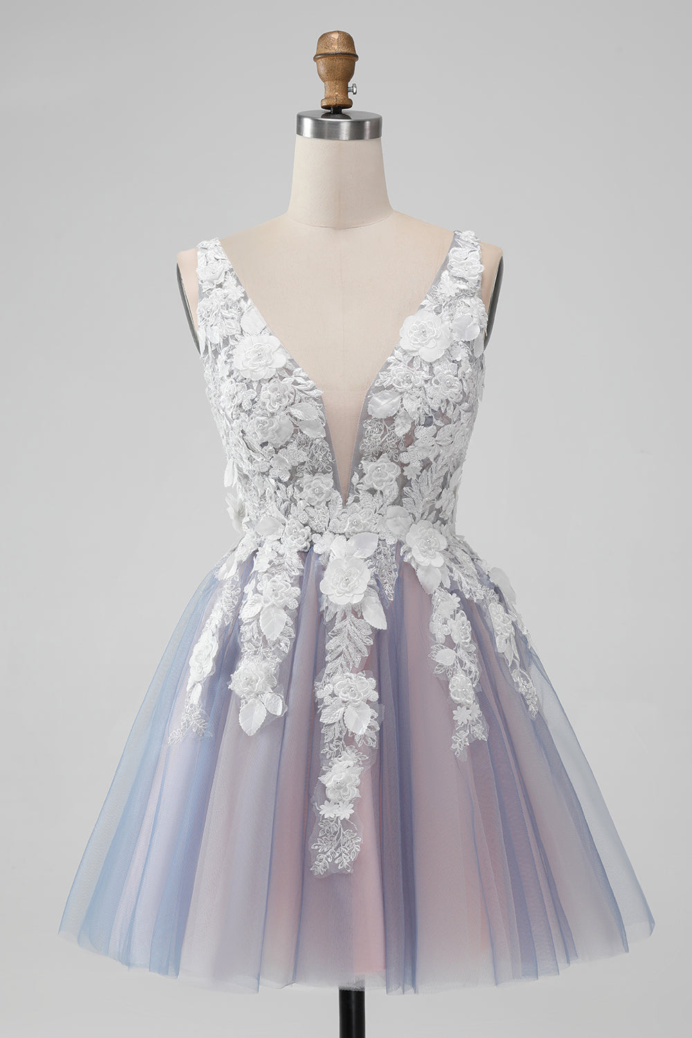 Elegant grå rosa A Line V Neck Blomster Kort Homecoming kjole med perle