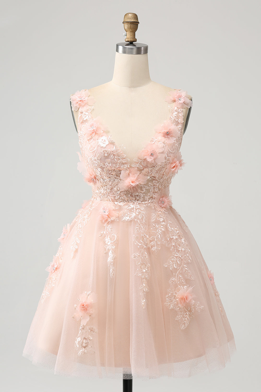 Sparkly Blush A Line V Neck Sequin Short Homecoming Dress med 3D Blomster