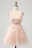 Sparkly Blush A Line V Neck Sequin Short Homecoming Dress med 3D Blomster