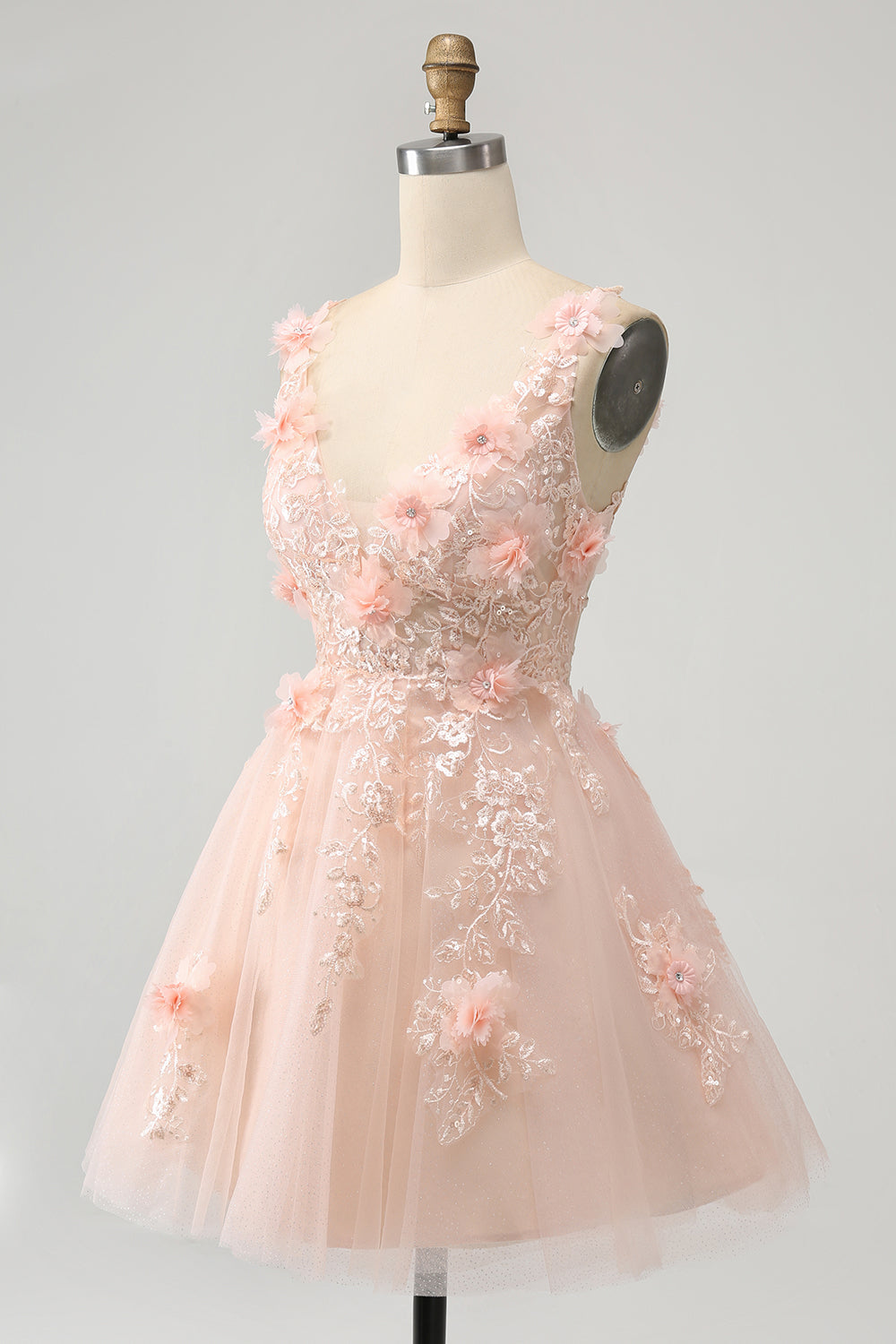 Sparkly Blush A Line V Neck Sequin Short Homecoming Dress med 3D Blomster