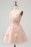 Sparkly Blush A Line V Neck Sequin Short Homecoming Dress med 3D Blomster