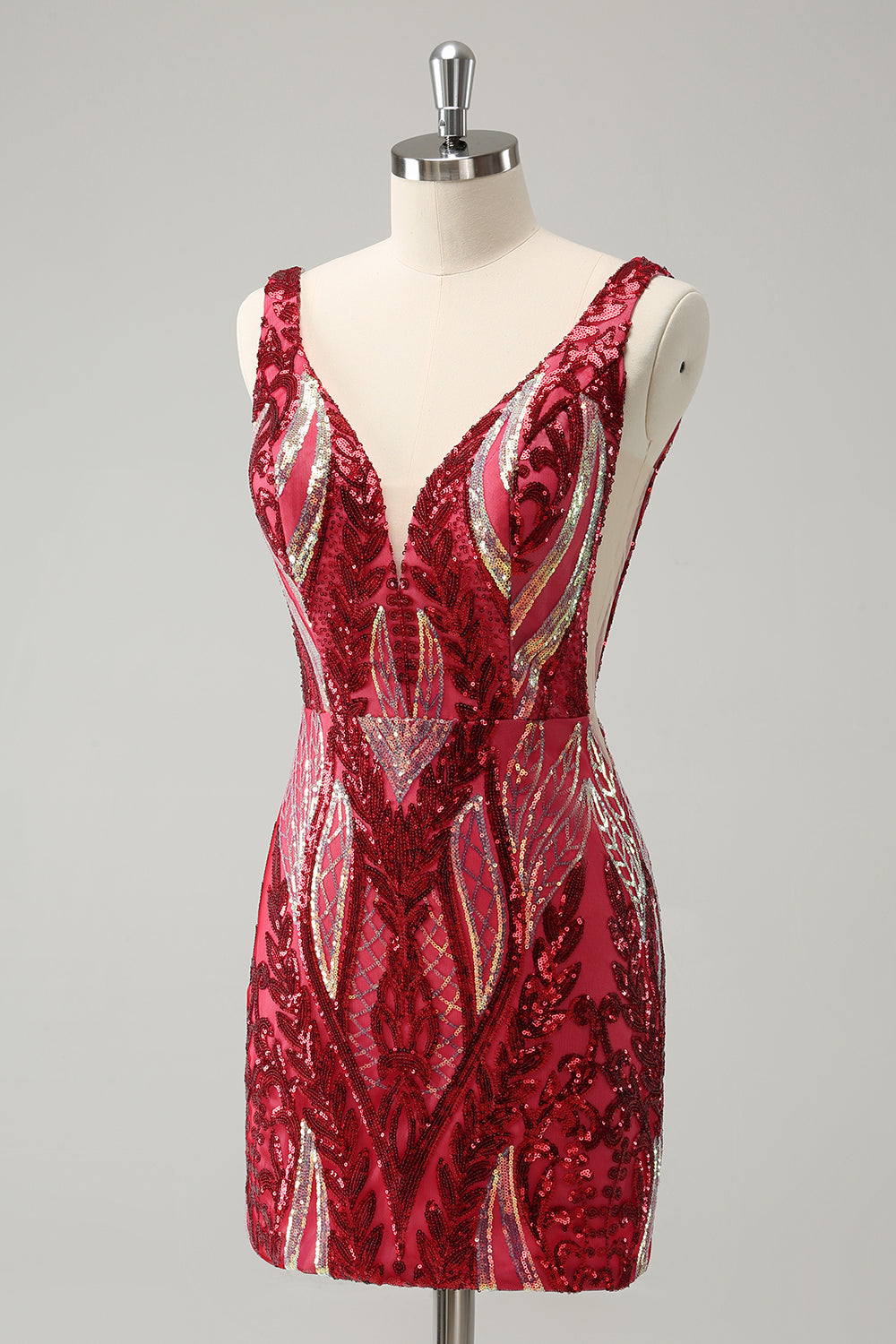 Glitter Fuchsia V Neck Tight Ryggløs Kort Homecoming Kjole med paljetter