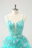 Søt Sparkly A-Line Green Spaghetti stropper lagdelt Homecoming kjole med paljetter